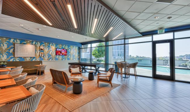 a room with tables and chairs